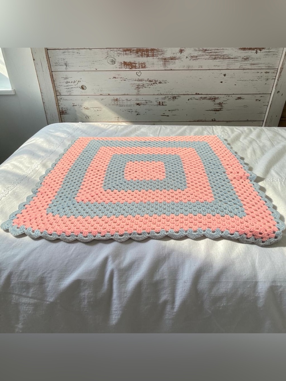 Vintage Handmade Crochet Baby Blanket | Pink & Gray Granny Square | Nursery